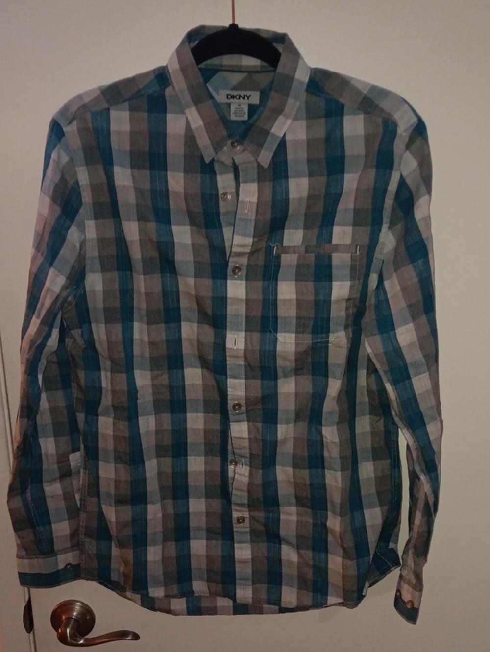 DKNY Men's Teal and Gray Plaid Button-Down Shirt